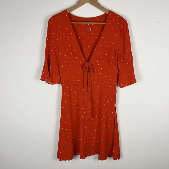 Free People All Yours Orange Polka Dot Tie V Neck Mini Dress Size 0 A Line - Picture 2 of 8